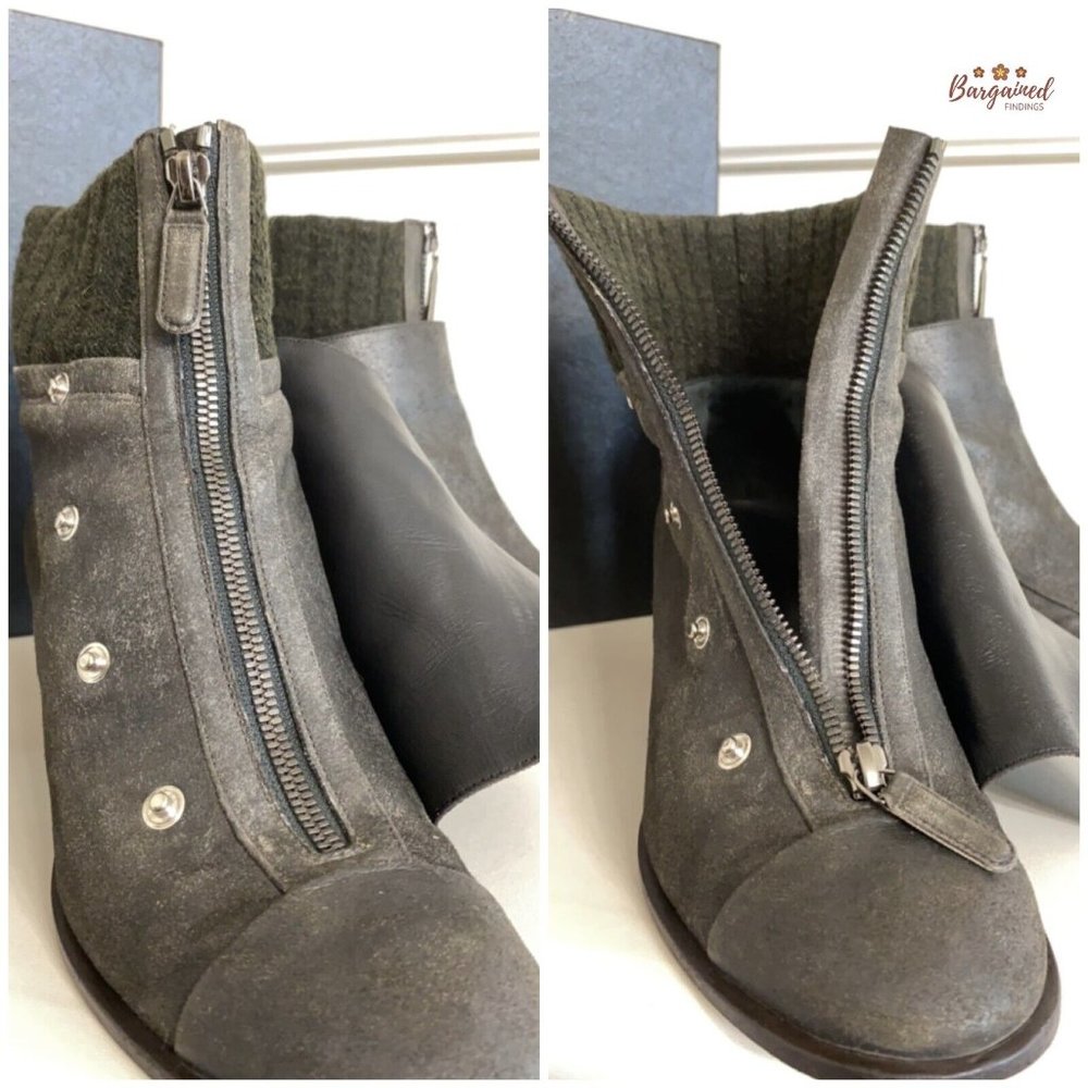 Authentic CHANEL Charcoal Distressed Leather Tweed CC Buttons Ankle Boots 10.5 - Picture 6 of 15